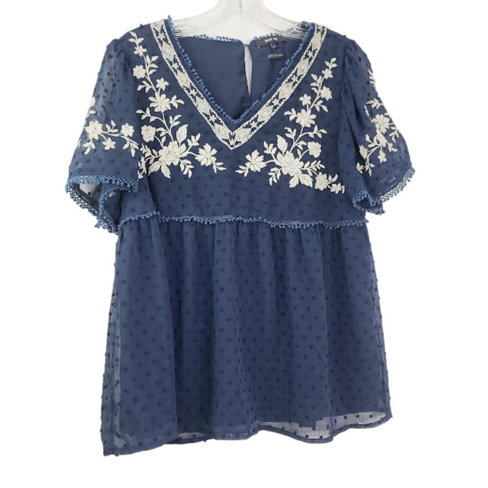 Miss Me Women's Navy White Short Sleeve Flared Pullover Blouse Top‎ Size M